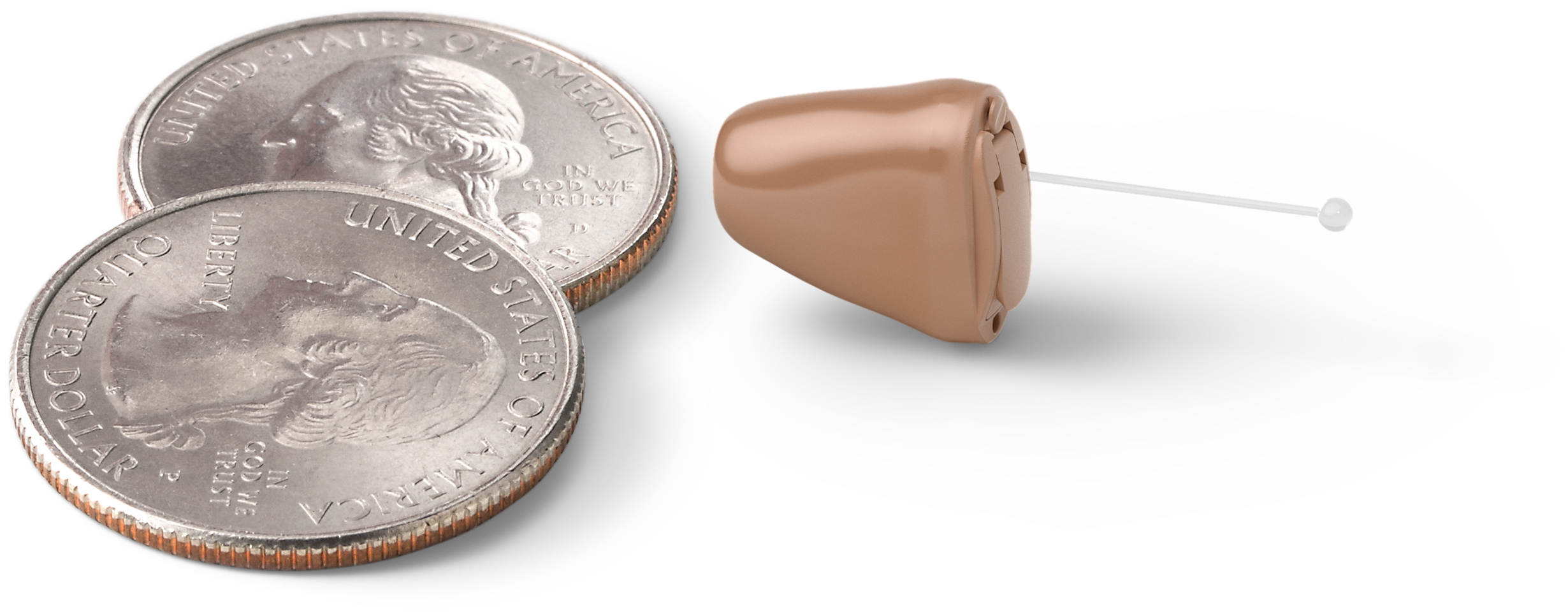 Oticon_Opn_IIC_size_comparison_Quarter_Dollar_Coins_HA-C001Beige